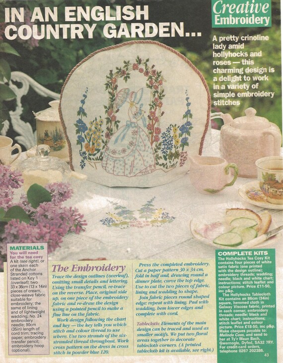 Vintage Embroidery Pattern Crinoline Lady Hollyhocks Roses Magazine Pattern 80s
