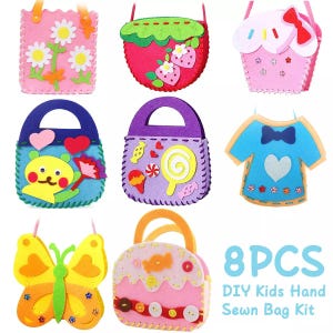May include: A set of 8 DIY felt bag kits for children. Each kit includes pre-cut felt pieces and instructions for creating a unique bag. The designs include a strawberry, a cupcake, a butterfly, a t-shirt, and more.