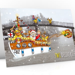 Carte de Noël de Twickenham | Dunkerque naviguant sur la Tamise devant la célèbre île Eel Pie | Le Père Noël livre des cadeaux à TW1