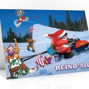 Carte de Noël de snowboard | Reind'air | Père Noël et amis au snowpark | Pour petit ami | Carte A5 dessinée à la main