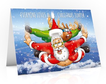 Skydive kerstkaart | Iedereen houdt van een kersttrui | Grappige kaart van de kerstman die een parachutesprong doet