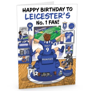 Carte d'anniversaire de football pour fan numéro 1 de Leicester - Beaucoup de détails inspirés du club - Grand format A5 - Fabriquée au Royaume-Uni - Pour lui ou ses supporters