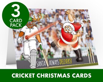 Cricket kerstkaart | 3 kaart pack | Grappig ontwerp met Santa spin bowling | Perfecte kaart voor papa, opa, broer, zoon | A5 formaat