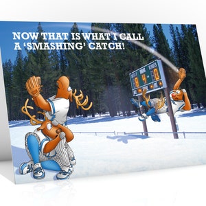 Carte de Noël de base-ball | C'est ce que j'appelle une « prise fracassante » ! Rudolph a perdu ses bois après avoir attrapé le ballon | Format A5