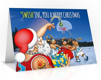 Basketball Christmas card - Funny Christmas card - Card for boy - Card for him - Santa throwing a present in the hoop