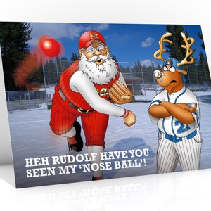 Carte de Noël de base-ball | Hé, Rudolf, tu as vu ma boule au nez ! Carte de Noël drôle pour tout fan de baseball | Carte au format A5