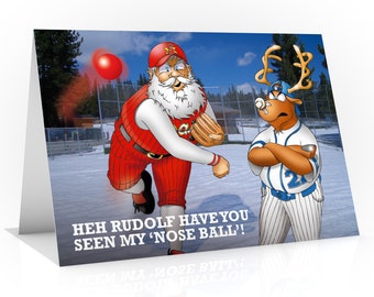 Honkbal kerstkaart | Heh Rudolf heb je mijn 'neus' bal gezien! Grappige kerstkaart voor elke honkbalfan | A5 formaat kaart