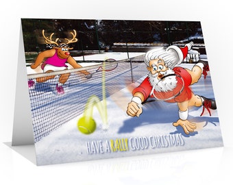 Tennis Christmas Card | Funny design showing Santa diving for tennis ball | For Girlfriend, Boyfriend, Husband, Wife | Hand drawn | A5 size