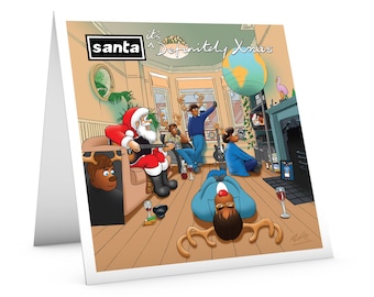 Biglietto di Natale a tema Oasis - Parodia dell'album Definitely Maybe - Biglietto grande - Disegnato a mano - Design divertente per i fan del rock n roll Britpop degli anni '90