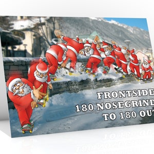 Carte de Noël de skateboard | Frontside 180 nosegrind à 180 out | Fantastique création de cartes de skate | Pour fils, petit ami | Format A5 Dessiné à la main