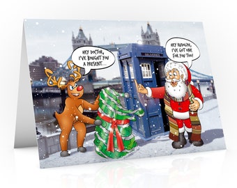 Doctor Who Christmas card | Hilarious card of Santa not happy at Rudolph's gift | A super card for any Dr Who fans | Hand drawn A5 size