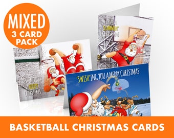 Basketbal kerstkaarten | Mixed 3 Card Pack | Grote waarde grappige kerstkaarten | Kaart voor hem, echtgenoot, zoon, vader | Handgetekend A5 formaat