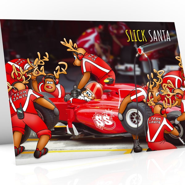 Formula 1 Christmas card | Santa in the pits changing to slick tyres | Great card for all F1 fans | For Dad, boyfriend, Son | A5 card