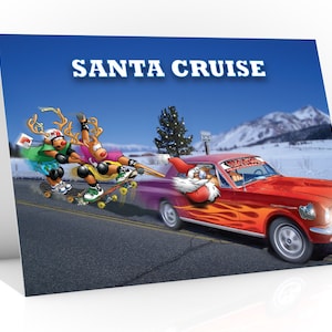 Carte de Noël de skateboard | Croisière Père Noël | Père Noël au volant d'une Mustang | Format A5 Dessiné à la main