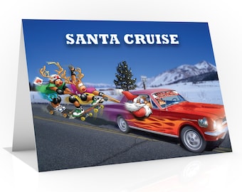 Skateboard Christmas card | Santa Cruise | Santa driving a Mustang | A5 size Hand drawn