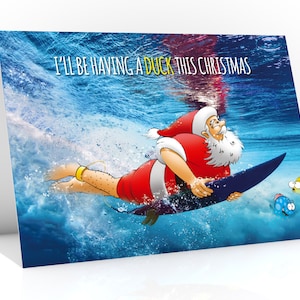 Surf Weihnachtskarte von Santa unter Welle fallend - Weihnachtsmann beim Surfen - Lustige Grußkarte - Handgezeichnet