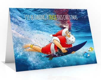 Surf Christmas card of Santa ducking under wave - Father Christmas surfing - Funny greeting card - Hand drawn