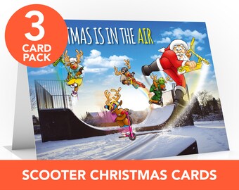 Scooter Christmas card - 3 CARD PACK - Card for son - Card for daughter - Funny Christmas card - Skate park - Card for kid