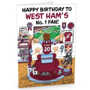 Carte d'anniversaire de football pour fan numéro 1 de West Ham - Beaucoup de détails inspirés du club - Grand format A5 - Pour lui ou ses supporters