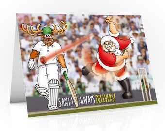 Cricket-kerstkaart | De Kerstman bezorgt altijd! | Grappig ontwerp van Santa Spin Bowling | Voor papa, opa, broer, zoon | Handgetekend | A5-kaart