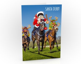 Horse racing Christmas card | Funny design showing Santa encouraging his horse along with an apple | For husband, wife, Grandad, Grandma