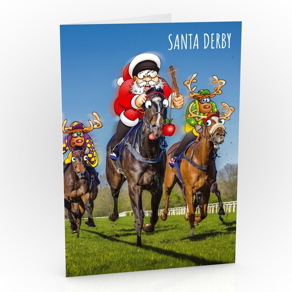 Horse racing Christmas card | Funny design showing Santa encouraging his horse along with an apple | For husband, wife, Grandad, Grandma