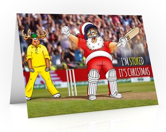 Cricket kerstkaart | Ik ben STOKED het is Kerst | Grappig ontwerp waarop de kerstman de beroemde Ben Stoke-viering doet tijdens de Ashes 2019