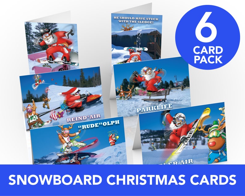 Snowboard Christmas Cards 6 card pack A5 Size Funny Snowboard cards image 1