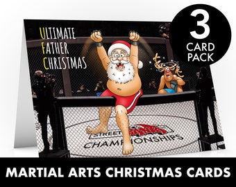 UFC kerstkaart | 3 kaart pack | Ultieme kerstman | De kerstman zit op de kooi nadat hij Rudolph heeft verslagen | Voor vriendje, Zoon MMA fans