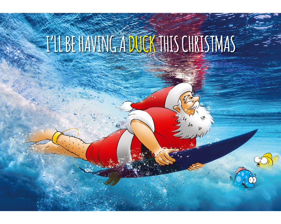 Surf Christmas Card of Santa Ducking Under Wave Father Etsy