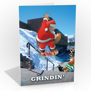 Carte de Noël de skateboard | Broyage | Père Noël faisant un slide frontal | Carte sympa pour fils, fille, petit-fils | Format A5 Dessiné à la main