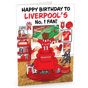Cartão de aniversário de futebol para o fã número 1 do Liverpool - Muitos detalhes inspirados no clube - Tamanho grande A5 - Fabricado no Reino Unido - Para ele ou ela torcedores