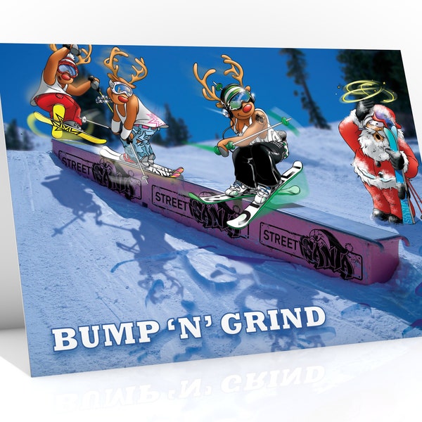 Ski Christmas card | Bump 'n' grind! Funny design showing Santa's reindeers expertly sliding down box | For him or her | A5 card Hand drawn