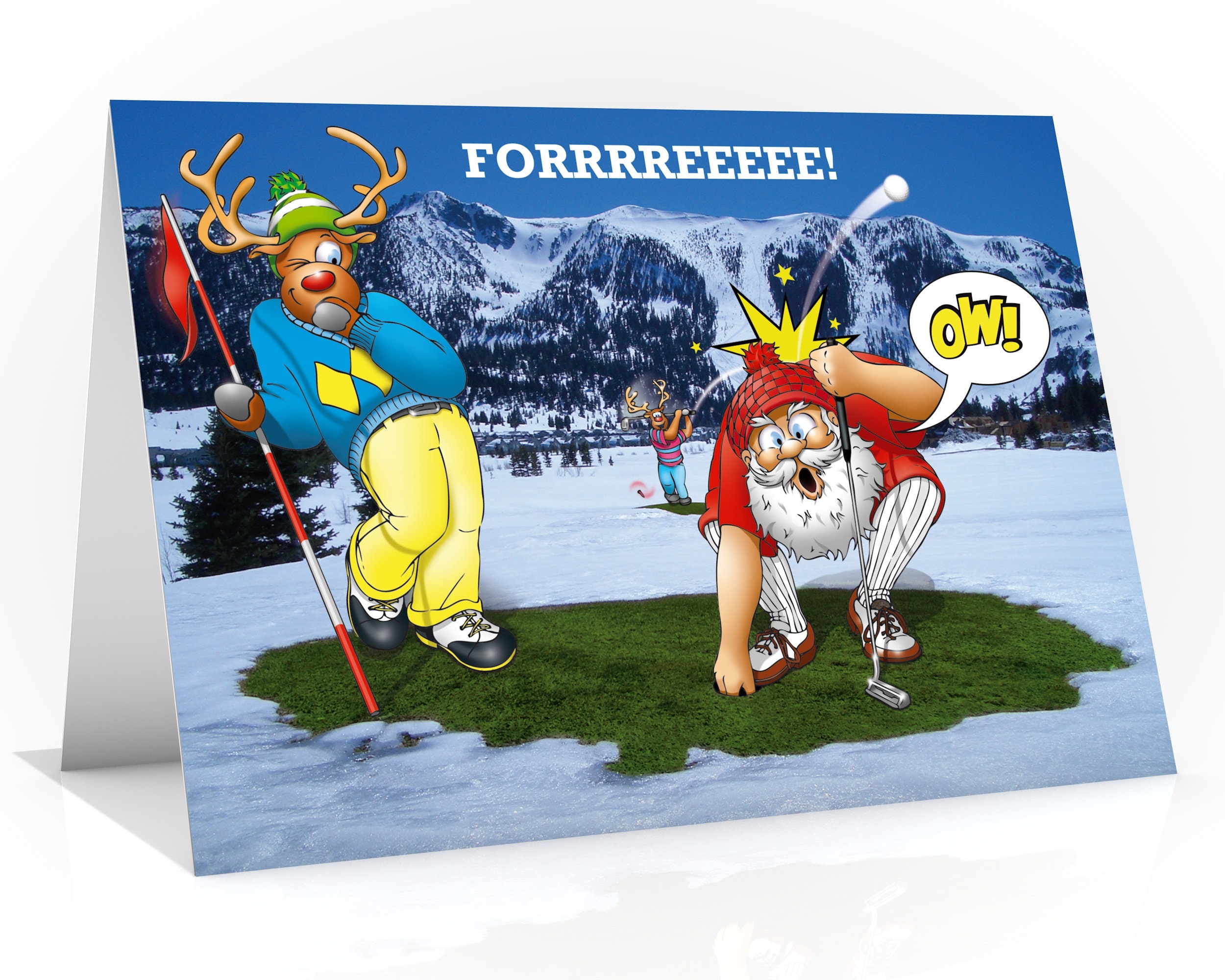 Golf Christmas Card Forrrreeee Funny Design of Santa Getting Hit by