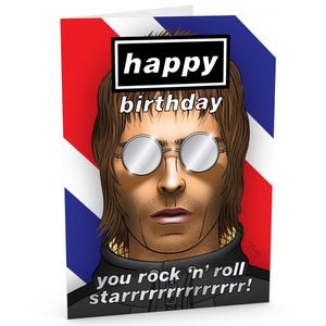 Cartão de aniversário com tema Oasis e detalhes espelhados - Tamanho grande A5 - Liam Gallagher em seus óculos de sol icônicos - um item essencial para qualquer fã do Oasis