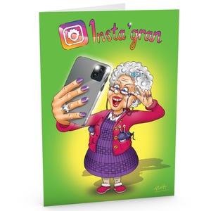 Tarjeta de cumpleaños para abuela / Divertidas redes sociales - Insta'gran / Abuela con teléfono haciéndose un selfie / Dibujada a mano / Tamaño A5 grande