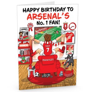 Carte d'anniversaire de football pour fan d'Arsenal numéro 1 - Beaucoup de détails inspirés du club - Grand format A5 - Fabriquée au Royaume-Uni - Pour lui ou ses supporters