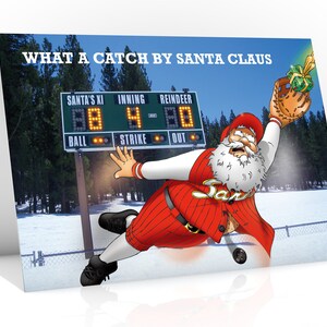 Carte de Noël de base-ball | Quelle belle capture du père Noël | Super carte pour tout fan de baseball | Format A5 Dessiné à la main