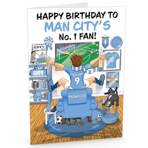 Carte d'anniversaire de football pour le fan numéro 1 de Manchester City - Beaucoup de détails inspirés du club - Grand format A5 - Pour lui ou ses supporters