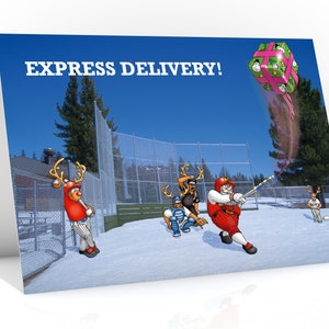 Carte de Noël de base-ball | Livraison express ! Le Père Noël frappe un coup de circuit | Grande carte pour tous les fans de baseball | Format A5 Dessiné à la main
