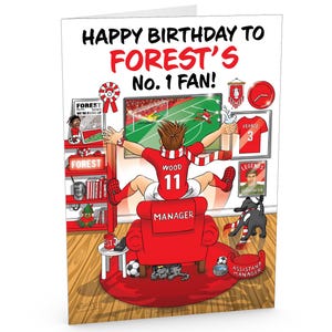 Carte d'anniversaire de football pour fan numéro 1 de la forêt de Nottingham - Beaucoup de détails inspirés du club - Grand format A5 - Pour lui ou ses supporters