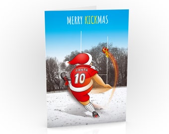 Rugby Christmas Card | Santa kicking conversion through goal posts | Dad, Wife, Boyfriend, Girlfriend | A5 card | Hand drawn