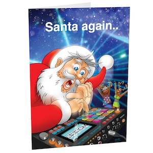 Carte de Noël DJ sur le thème Fred Again - Grande carte A5 - Humour amusant - Père Noël sur sa boîte à rythmes - Pour les amis d'une soirée rave ou d'un festival