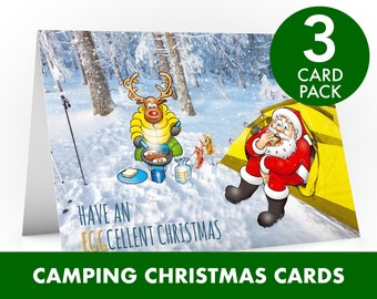 Camping Kerstkaart | 3 CARD PACK | Rudolph kookt wat eieren voor het ontbijt