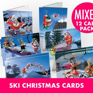 Ski Christmas Cards - 12 card pack - A5 Size - Funny Christmas cards - Skiing cards - Snow scenes