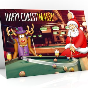 Carte de Noël 8 Ball Pool - Carte de Noël de snooker - Le père Noël fait un coup « Masse » - Une carte pour son mari - Une carte pour lui