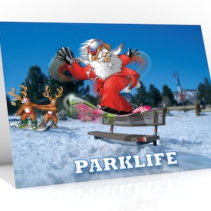 Carte de Noël de snowboard | Parklife | Père Noël faisant glisser le banc de parc | Une superbe carte pour vos amis snowboardeurs | Format A5