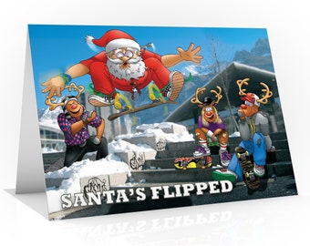 Skateboard Christmas card - Santa's flipped! Santa kick flipping - Great card for son daughter nephew niece | A5 card size