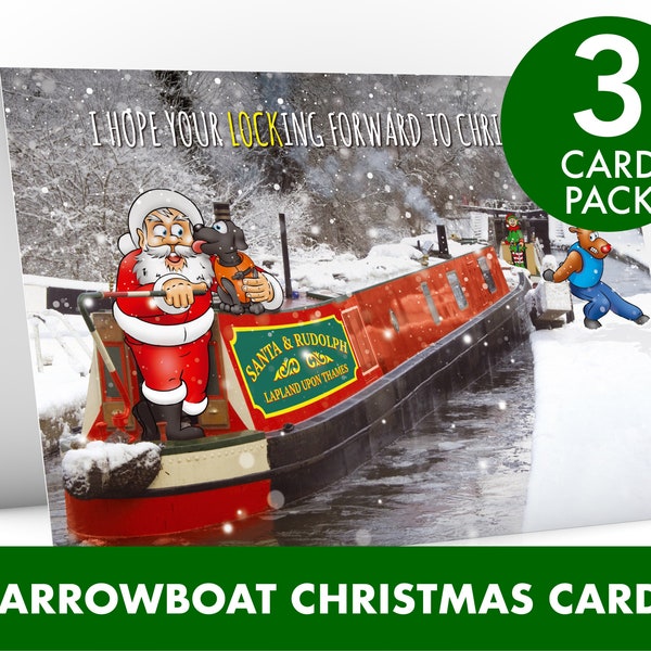 Narrowboat Christmas Card | 3 CARD PACK | Funny design of Santa approaching lock in his barge on Union Canal | Card for house boat owners