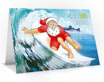 Surf Christmas card Surfing Greeting card Funny card Humorous card Santa surfing